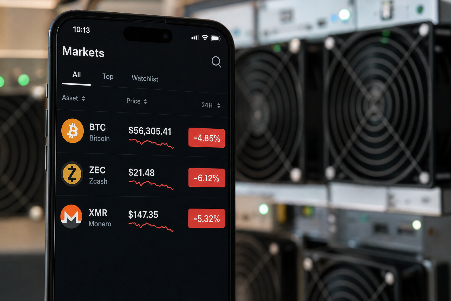 Close-up of a smartphone screen displaying a cryptocurrency price ticker with red percentage drops f