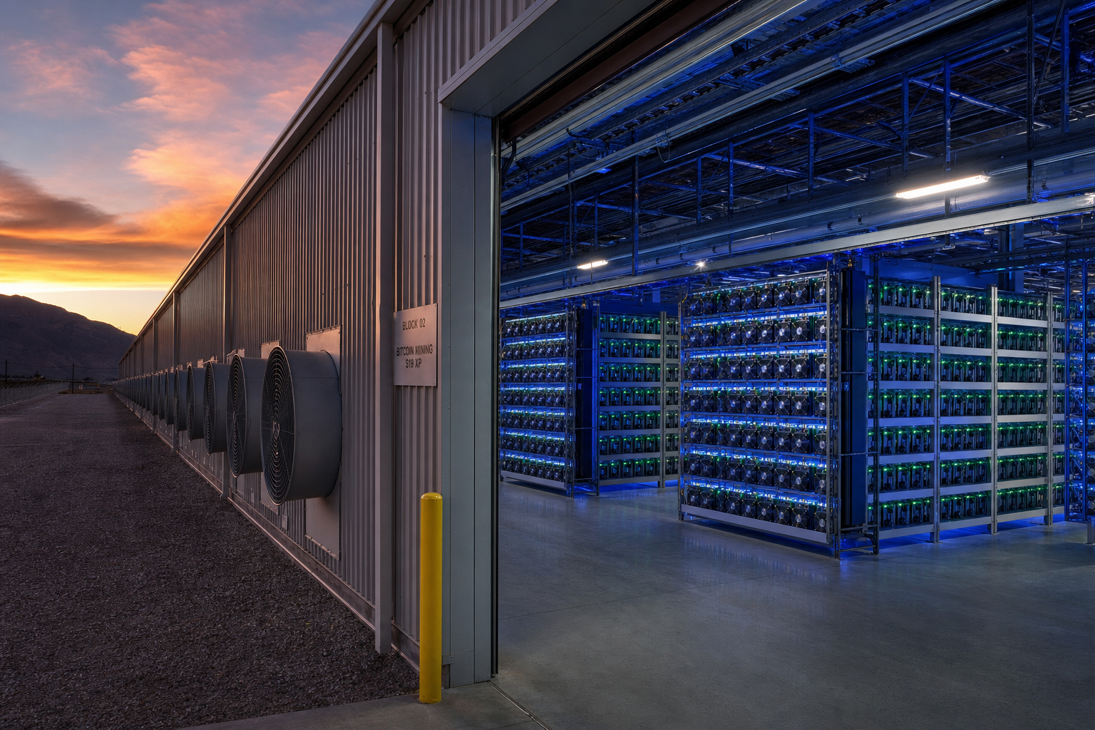 Wide shot of an industrial crypto mining facility at dusk, rows of ASIC miners with cooling fans vis