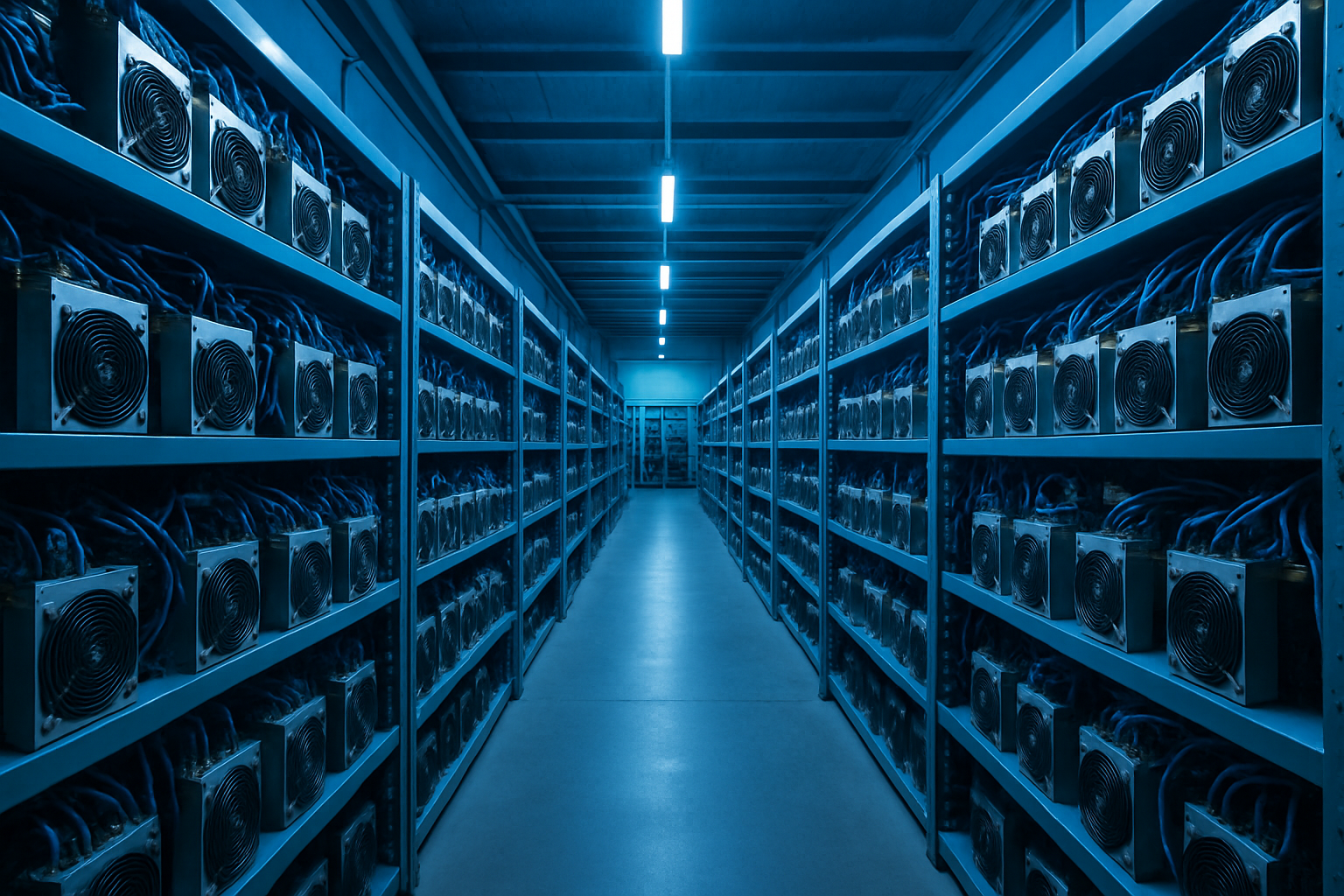 Cryptocurrency mining facility with rows of ASIC miners
