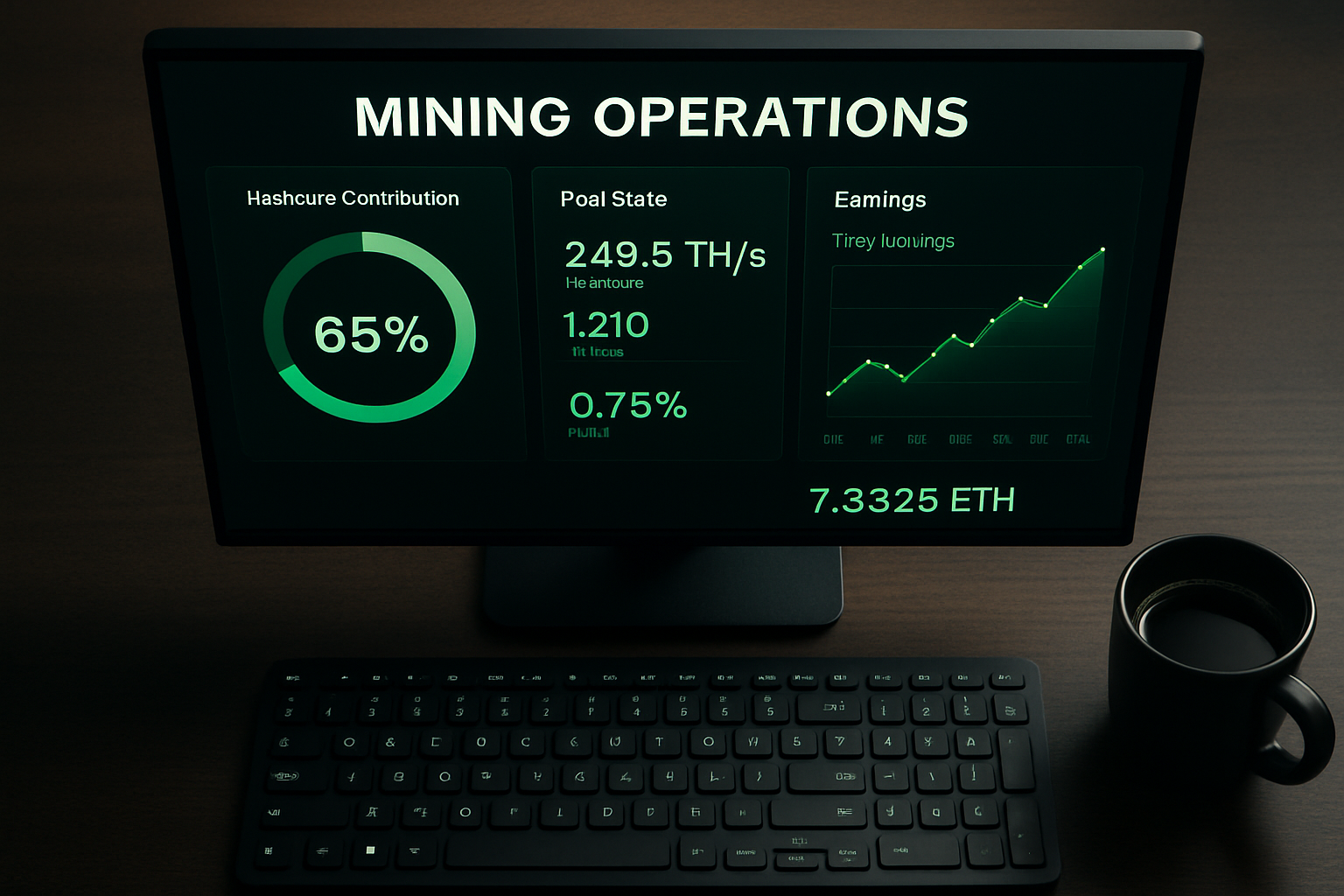 Overhead shot of a mining operations dashboard on a large monitor — showing hashrate contribution pe